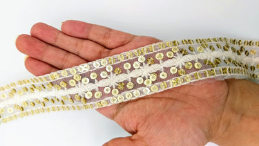 Nine Yards White Net Lace Trim Floral Embroidered With Gold Sequins, Sequinned Trim, Wedding Trim Bridal Trim